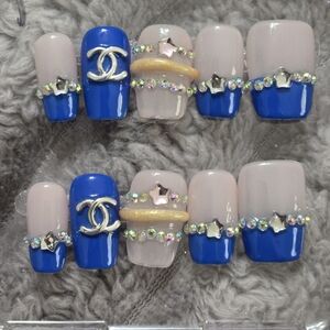 Designer Inspired Blue & Nude Rhinestone Accent Press-On Nail Set